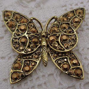 Vintage Hollycraft Metallic Gold Arum Rhinestone Butterfly Brooch